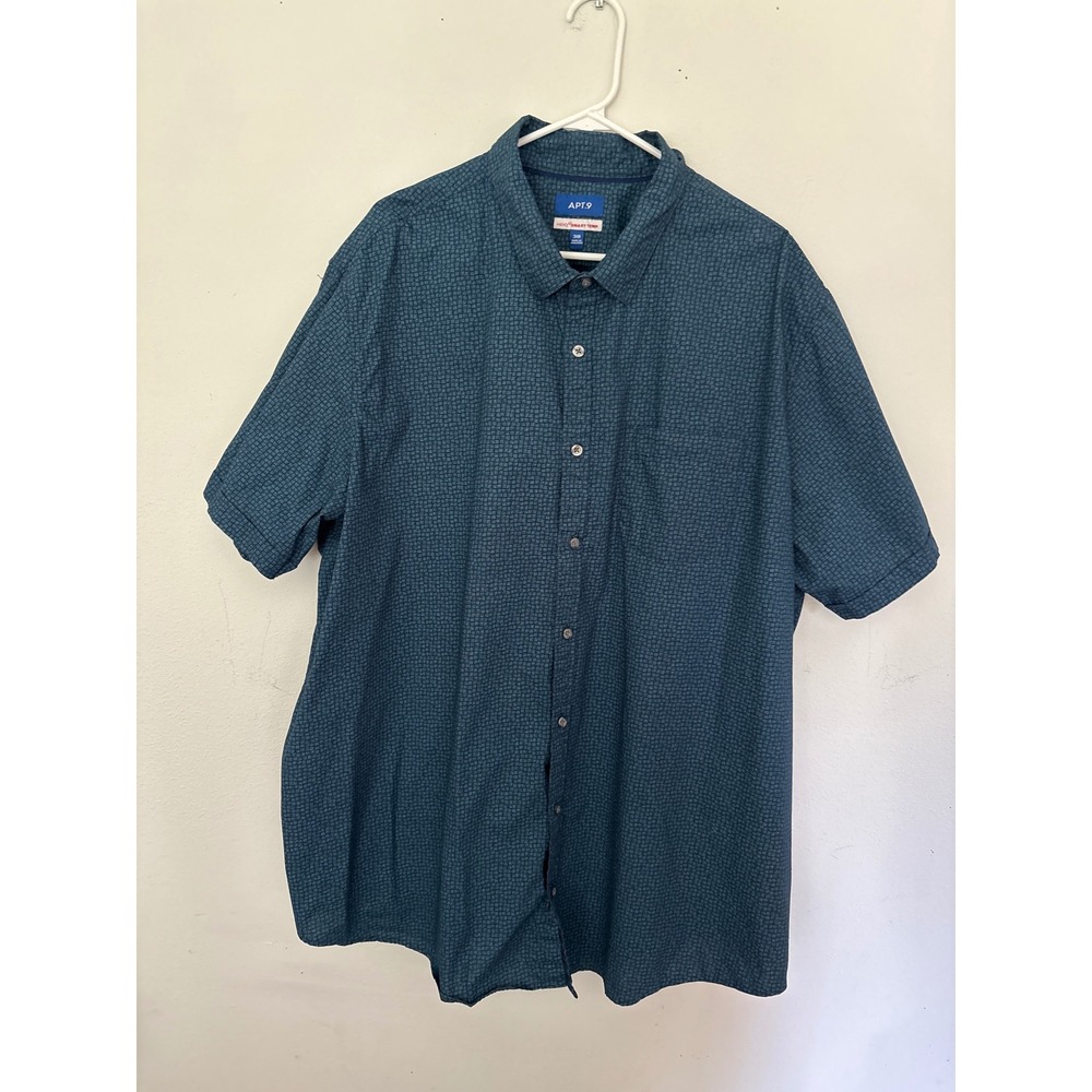 Apt 9 Button Down Mens 3XB Teal Excellent Geometric HeiQ Smart Temp Short Sleeve